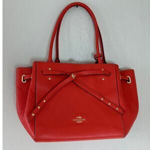 Coach Red Gold Detailed Turnlock Tie Medium Tote Purse Bag